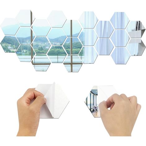 24Pcs Hexagon Miroir Autocollants Muraux Acrylique Amovible DIY pour Home Bedroom Background Décor (Argent) (1/5)