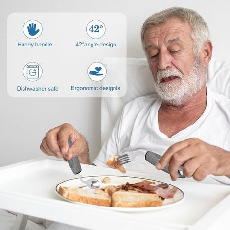 Posate pieghevoli - Posate adattate - Set da 4 pezzi - Curvatura a 42° - Mangiare in modo adattato - Posate con impugnatura - Posate rinforzate - Posate ergonomiche - Per anziani - Per disabili, malat (1/4)