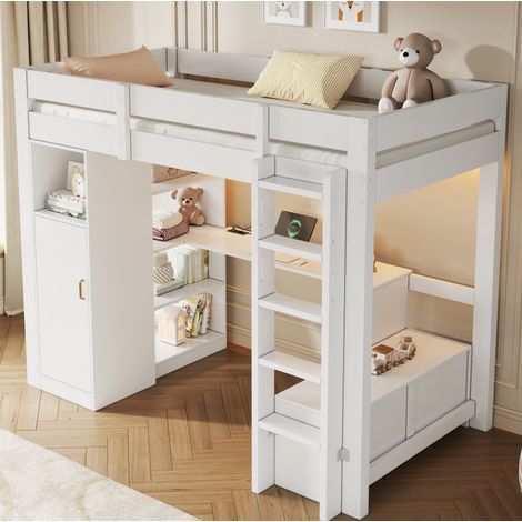 Lit mezzanine 90x200 cm en bois blanc avec bureau, armoire, rangements, LED et ports USB (1/5)