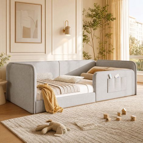 Cama infantil 90 x 200 cm con marco de seguridad, acolchada, beige DESVIAE (1/5)