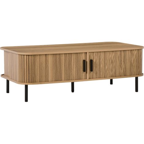 Mesa de centro retro puerta corredera MDF patas de metal espacio de almacenaje madera clara Bradley