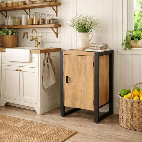 Petit meuble de rangement 1 porte bois clair métal noir MILORA