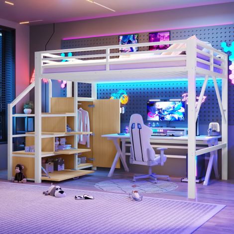 ModernLuxe - Lit mezzanine en métal 140x200 cm - rangements et penderie - éclairage LED - échelle de rangement - Blanc (Matelas non inclus) (1/5)