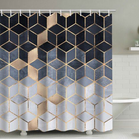 Sollbry 1 rideau de douche dégradé bleu, ensemble de rideau de douche géométrique moderne, ensemble de lignes cubiques dorées pour salle de bain (1/3)