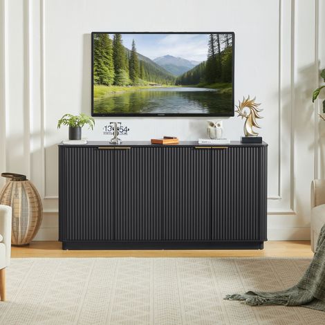 Buffet 160 cm moderne à rayures verticales et motif ondulé, meuble TV avec rangement, salon chambre entrée noir 160x80x40 cm