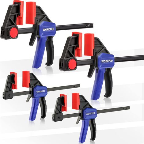 Workpro – Jeu de 4 serre-joints à libération rapide – Largeur de serrage 150 mm et 120 mm – Force de serrage 68 kg et 23 kg – Pour bois dur et métal