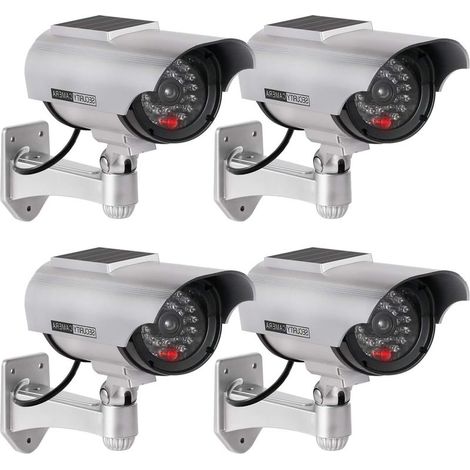 (Argenté)4Pcs Caméra Factice Intérieur Extérieur Solaire, Étanche, Fausse Caméra de Surveillance CCTV avec Lumière LED Rouge Clignotante