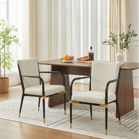 Lot de 2 chaises de salle à manger en tissu beige, accoudoirs incurvés, structure noire et détails dorés, pieds réglables 1 cm, style scandinave FLORAGRACE (1/5)