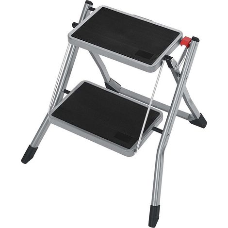 Taburete plegable de 2 peldaños ancho de peldaño 20 cm goma antideslizante con asa capacidad de carga 150 kg de acero gris y negro 120001917 (1/4)
