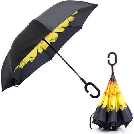 Parapluie pliant double couche en forme de C avec poignée en C, anti-UV, réversible et coupe-vent, idéal pour les voyages. Il est doté d'une poignée en C, d'une poignée inversée, d'une tête de paraplu