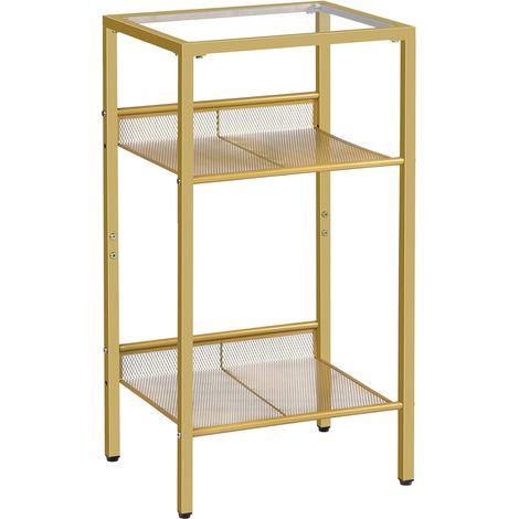 Beistelltisch Gold, Telefontisch, 3-stöckiger Nachttisch mit Platte aus gehärtetem Glas und Gitter, Sofatisch für Wohnzimmer, Schlafzimmer, HOOBRO EGD04DH01