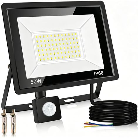 Projecteur LED Exterieur Detecteur de Mouvement 50W, 4500LM Blanc Froid 6500K Spot LED Extérieur avec Détecteur, Etanche IP66 Eclairage de Sécurité pour Garage, Jardin, Patio (1/5)
