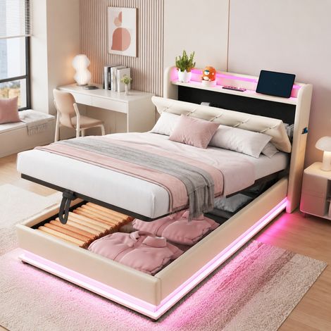 Letto bambino 90x200 LED contenitore beige tessuto/metallo senza materasso FloraGrace (1/5)