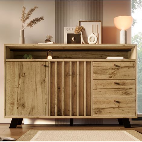 Credenza 120 x 40 x 85 cm con 3 cassetti, 2 ante e nicchia aperta, rovere scuro DESVIAE (1/5)