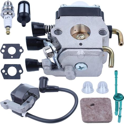 Kit de bobine d'allumage avec joint de carburateur pour Stihl FS38 FS45 FS46 FS55 KM55R Tondeuse à gazon avec filtre à air, ampoule d'amorçage, bougie d'allumage, filtre à carburant et tuyau (1/5)