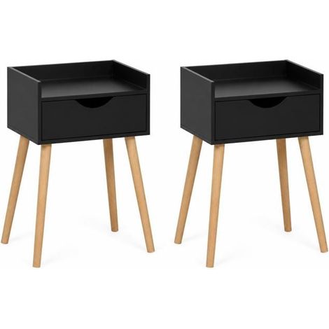 Table de chevet - JUANIO - Style scandinave moderne - Lot de 2 - Noir - Pieds effet bois