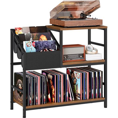Record Player Stand, Vinyl Record Storage Holds Up to 110 Records, Turntable Stand with 3 Oxford Fabric Pockets, for Living Room, Study & Home Theater (1/5)