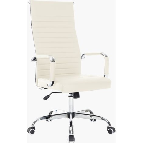 Sedia da Ufficio in Simil Pelle Beige Poltrona Scrivania Girevole Base Cromata