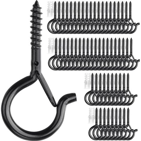 Crochets de plafond à visser pour plantes suspendues, guirlandes lumineuses d'extérieur, pour terrasse, mur et plafond en bois, lot de 60, noir (1/5)