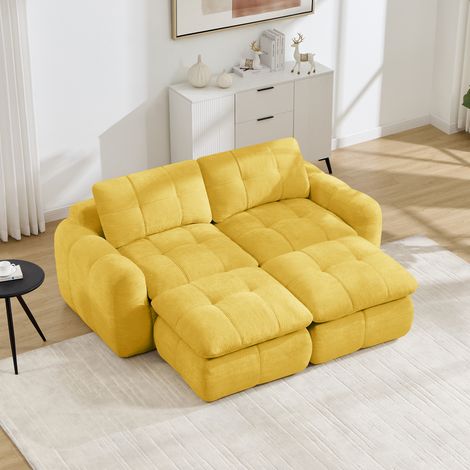 Canapé 2 places modulable en chenille, sans cadre, avec 2 ottomanes, assise large capitonnée, mousse haute densité 32D, Jaune, 194 x 160 x 68 cm, sans montage, pour salon et appartement