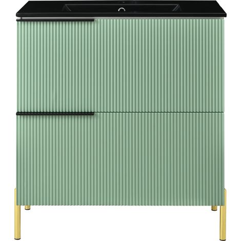 Meuble de salle de bain sur pied avec lavabo en céramique et tiroirs en MDF, vert (1/5)