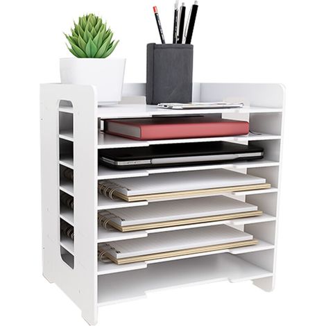 ® Organiseur de bureau, Rangement à documents, organiseur de table avec 7 compartiments, porte-documents, 33.5x25.5x40cm, blanc (1/5)