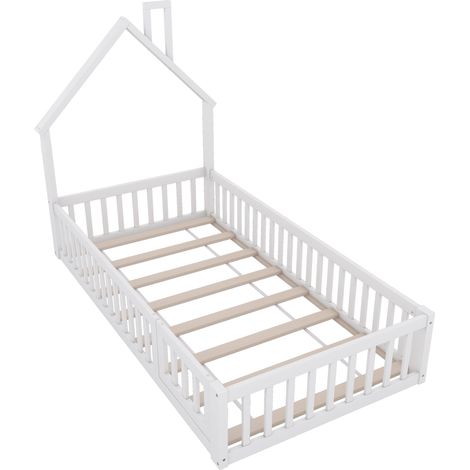 Letto a casetta bambino 90 x 200 cm in pino e MDF con rete a doghe, bianco (1/5)