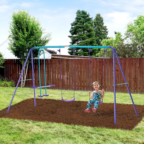 Portique balancoire exterieur 3 en 1 1 avec balançoire face à face et 2 sièges de balancelle. pour enfants 3+ans. violet
