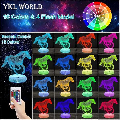 Veilleuse cheval, lampe illusion 3D, 16 couleurs changeantes, LED rechargeable, veilleuse animal, capteur tactile avec télécommande (1/4)