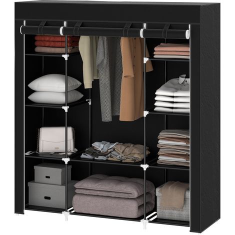 Faltbarer Kleiderschrank aus Stoff mit Kleiderstange und Regalböden. 150 x 43 x 162,5 cm. Schwarz.