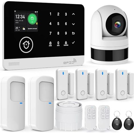 Wireless Home Alarm with Camera, WiFi/GSM SMS Home Security System with Motion Detection, 120dB Alarm Siren, Remote Control, Compatible with Alexa (1/5)