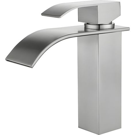 Robinet de lavabo cascade en acier inoxydable 304, installation monotrou, poignée relevable, argent (1/5)