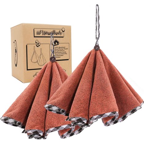 Essuie-Mains pour la Salle de Bain et la Cuisine avec Boucle de Suspension, Essuie-Mains Ronds en Fibre de Charbon de Bois, Doux et absorbants, Set of 2 Brick Red Towels (1/5)