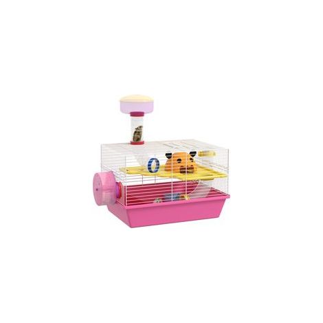 Mehrfarbiger Hamster-/Ratten-/Nagerkäfig mit Plattform, Trinkflasche, Laufrad und kleinem Häuschen, 34 x 27 x 25 cm, rosa