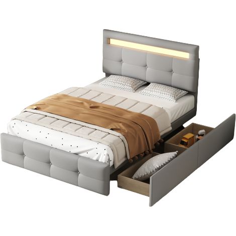 Lit simple rembourré 90 x 200 cm avec LED, 2 tiroirs, revêtement en lin doux, lit d'adolescent (gris) (1/4)