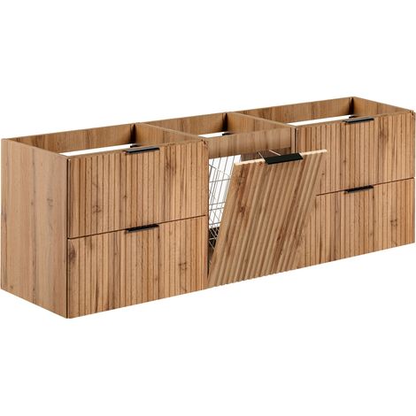 Furnidea - Meuble suspendu sous vasque avec panier à linge ADEL CHÊNE 160 cm - 4 tiroirs - Façades rainurées (1/5)