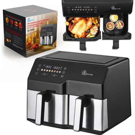 Extralink Airfryer 2500W 10L (6L + 4L) – Freidora Aire Doble con 8 Funciones de Cocina, 80°C a 200°C, Eficiente Energéticamente, Apta para Lavavajillas, Pantalla Táctil LED, 90% Menos Grasa (1/2)
