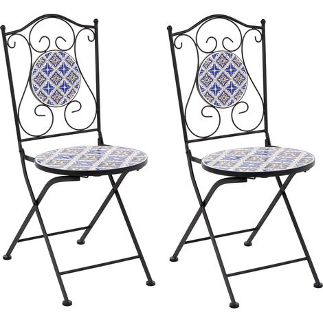 Conjunto de 2 sillas de jardín de metal plegables con mosaico de cerámica blanco/azul Siponto (1/5)
