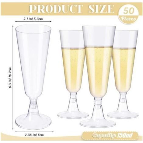 50 Pièces Flûtes à Champagne en Plastique, 150ml Verres à Champagne Transparents Gobelets à Vin Réutilisables à Tige pour Fêtes (1/4)