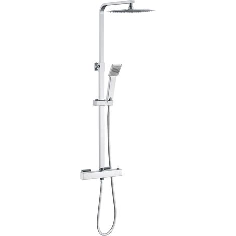 Colonne de douche thermostatique avec pomme de tête, douchette et flexible,effet chromé,Carré, hauteur réglable 73-115cm, AICA (1/5)