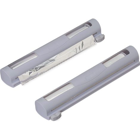 Relaxdays Taglia Pellicola da Cucina, Set da 2 Porta Rotoli di Plastica & Alluminio, Dispenser con Taglierina, Grigio (1/5)