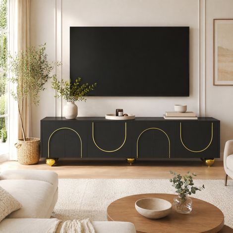 Mobile TV 170x38x44 cm in pannelli di legno nero e oro con vano portaoggetti FloraGrace (1/5)