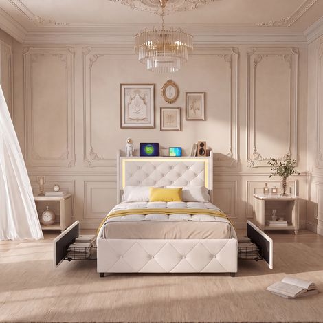 Lit 90x200 cm avec Sommier à Lattes, Lit Simple en Velours avec LED RGB et Port USB, Lit avec 2 Tiroirs de Rangement, Tête de Lit Capitonnée avec Étagère (1/5)