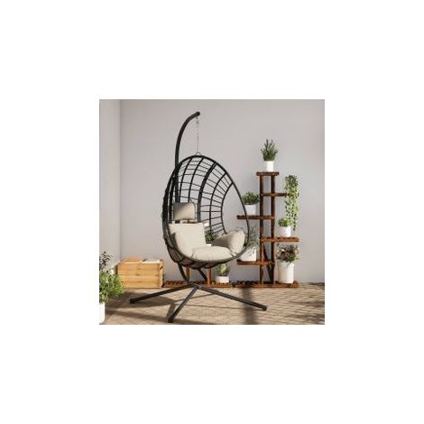 Chaise suspendue en forme d'œuf et support beige rotin et acier (1/5)