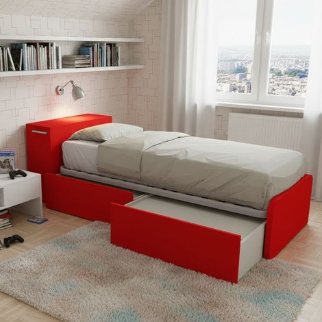 Letto singolo salvaspazio con cassetti e testata contenitiva - Rosso (1/5)