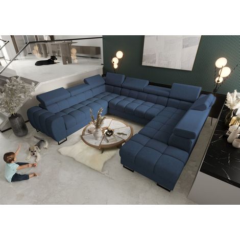 Wohnlandschaft Schlafsofa BASTIEN XL in Stoff Moly Dunkelblau Ottomane Rechts