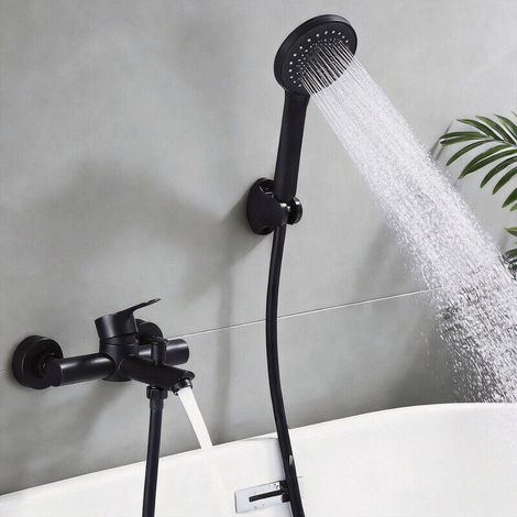 Mitigeur de Baignoire Noir Robinet Baignoire avec Douchette à Main 4 Jets Mitigeur de Douche avec Support et Flexible 1,5m Robinet Bain Douche Mural pour Salle de Bain