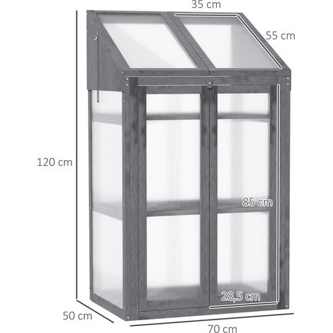 Châssis en bois, mini-serre 70 x 50 x 120 cm, avec bâche, fenêtre, double porte, châssis translucide à 3 étagères, bac surélevé résistant à l'hiver pour jardin ou balcon, gris
