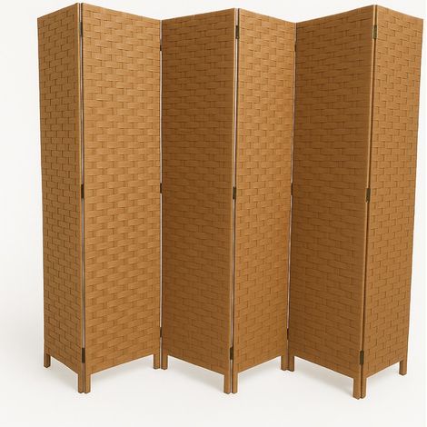 Paravent de 6 pans tressé en fibres naturelles coloris brun - Dim : H180 x L270 cm (1/4)