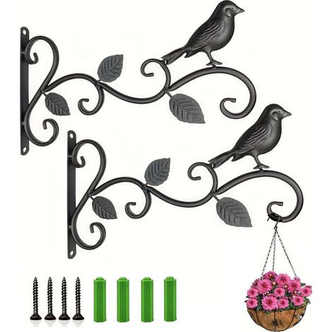 Lot de 2 supports pour plantes suspendues avec crochet mural, crochets muraux pour plante supports muraux de jardin en fer forgé pour oiseaux (1/4)